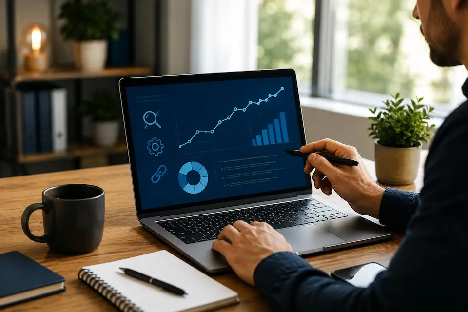 Profissional analisando gráficos de desempenho, tráfego orgânico e resultados de SEO em um notebook