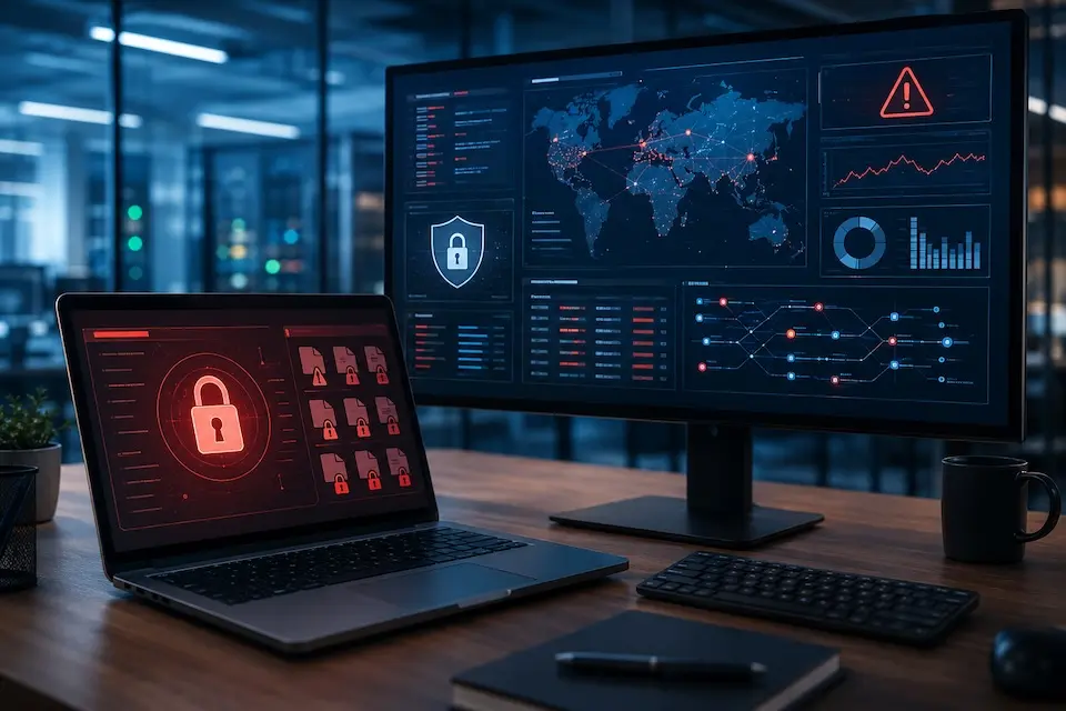 Tela de computador com alertas de cibersegurança representando ataques de ransomware