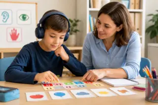 Professora acompanha aluno em atividade multissensorial de aprendizado de inglês com cartões coloridos e apoio visual.