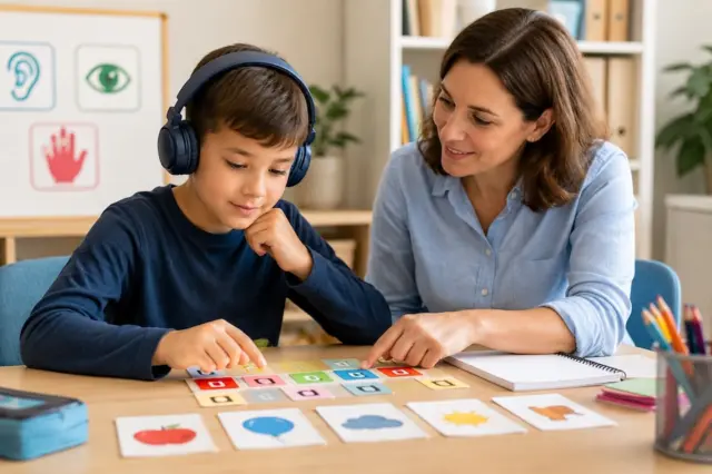 Professora acompanha aluno em atividade multissensorial de aprendizado de inglês com cartões coloridos e apoio visual.