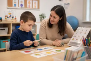 Professora acompanha criança em atividade de inglês com cartões visuais em ambiente educacional