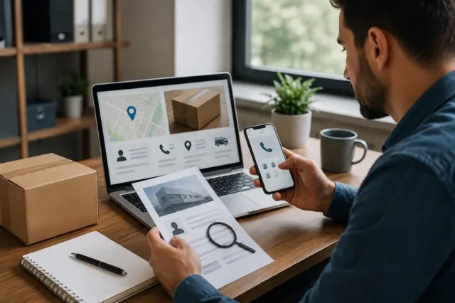 Homem confere endereço, telefone e dados de entrega no notebook, celular e documento antes de fechar compra ou serviço