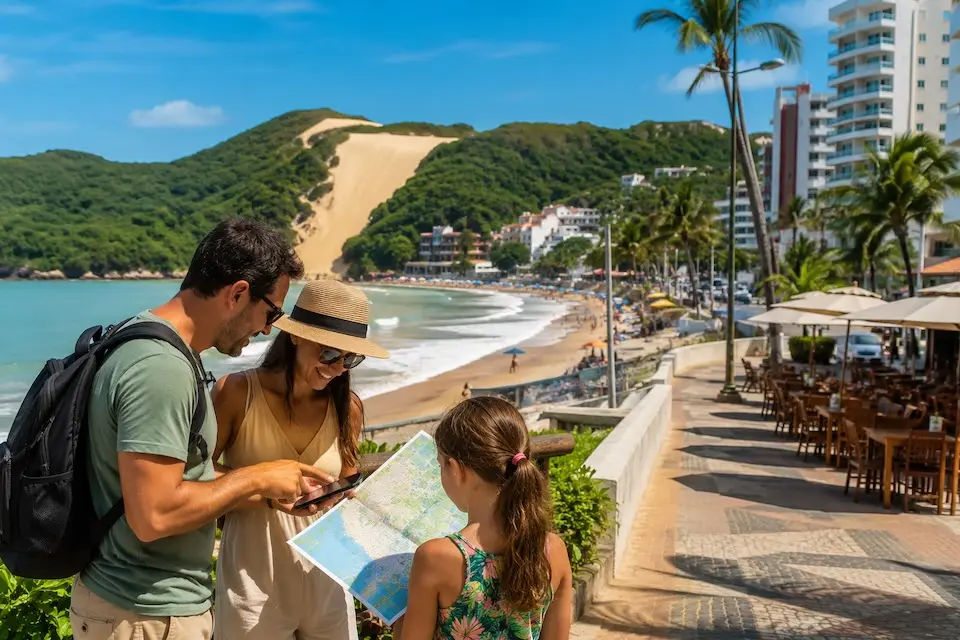 Família consulta mapa diante da Praia de Ponta Negra, em Natal, com o Morro do Careca ao fundo