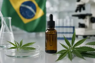 Frasco de produto medicinal ao lado de folhas de cannabis em ambiente clínico