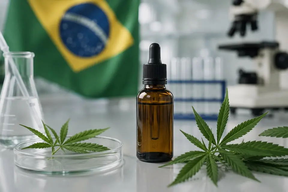 Frasco de produto medicinal ao lado de folhas de cannabis em ambiente clínico