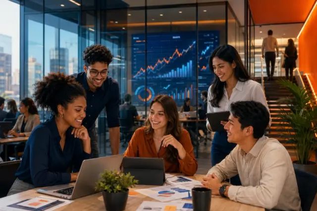 Jovens profissionais em ambiente corporativo durante reunião de trabalho