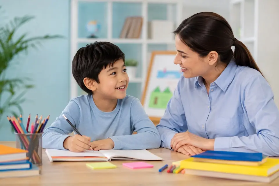 Criança estudando inglês com professora durante aula