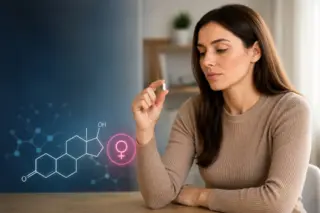 Mulher segura uma cápsula branca durante avaliação sobre reposição hormonal e saúde feminina