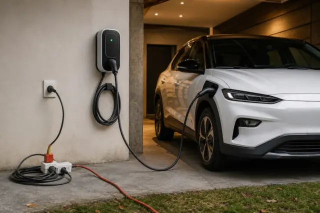 Carro elétrico sendo carregado em garagem com carregador residencial e extensão elétrica