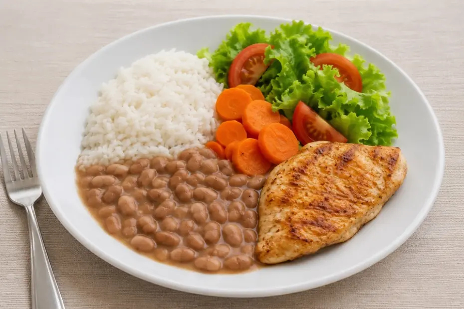 Prato com arroz, feijão, frango e salada
