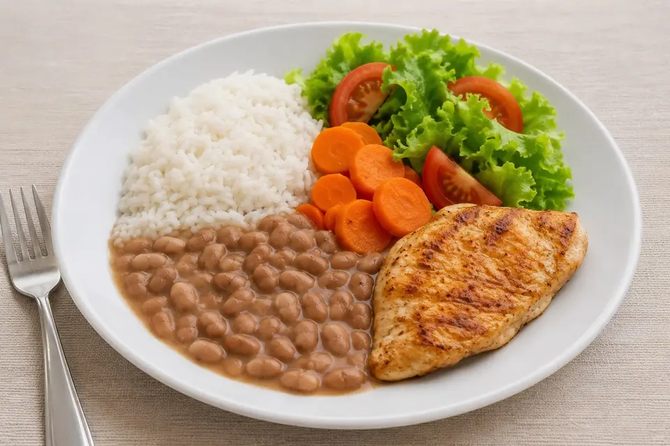 Prato com arroz, feijão, frango e salada