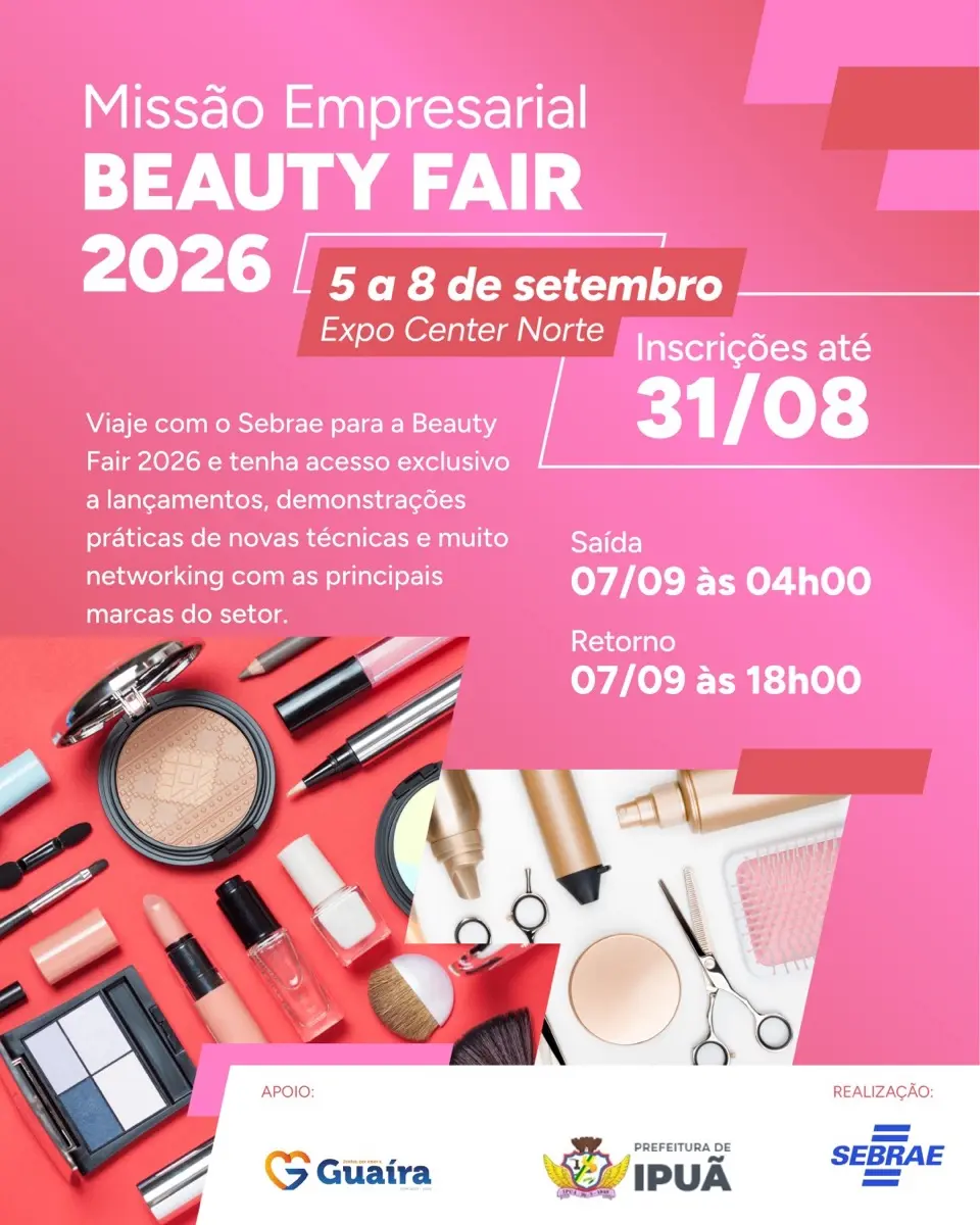 Cartaz da missão empresarial de Guaíra e Ipuã para a Beauty Fair 2026
