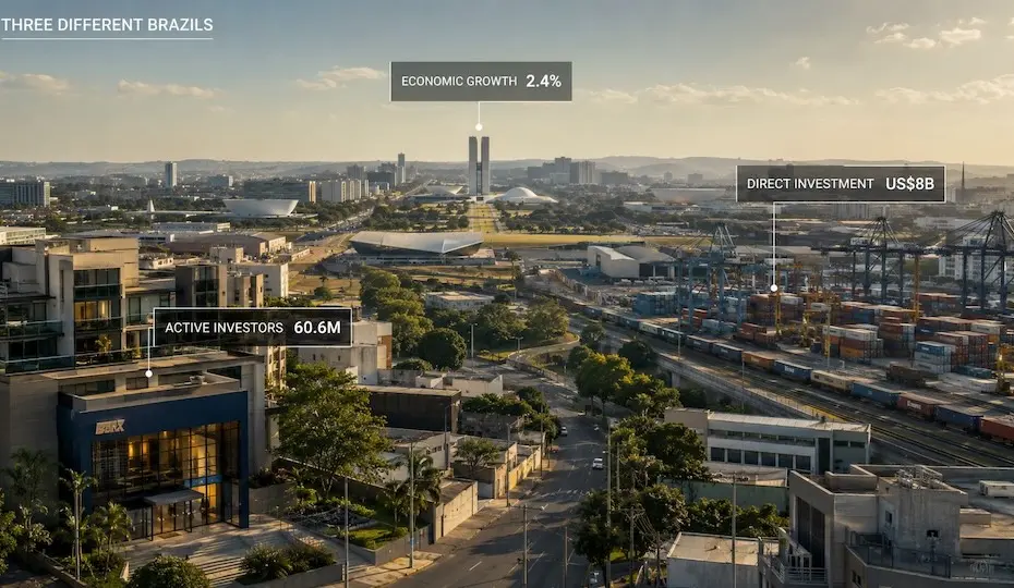 Vista de Brasília com indicadores de crescimento econômico, investimento direto e número de investidores