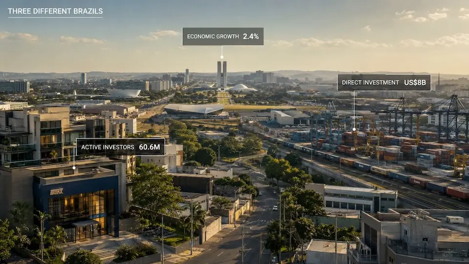 Vista de Brasília com indicadores de crescimento econômico, investimento direto e número de investidores