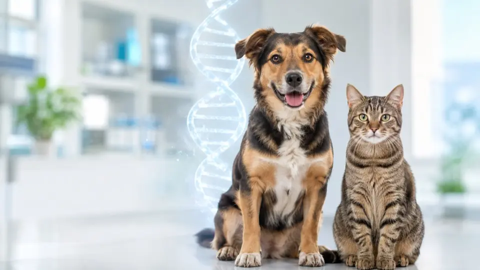 Cão e gato diante de representação de uma molécula de DNA