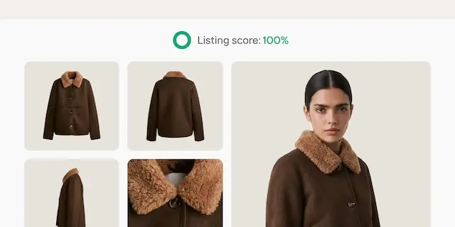 modelo vestindo casaco marrom com gola de pelo e miniaturas do produto em grade sobre fundo bege