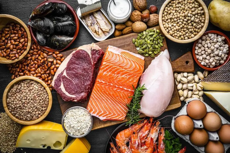 Alimentos ricos em proteínas e minerais dispostos sobre superfície escura, incluindo salmão, carne vermelha, peito de frango, ovos, queijo, camarões, mariscos, leguminosas, nozes e sementes