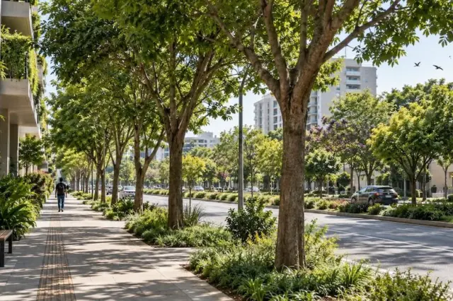 Calçada urbana arborizada com fileira de árvores, bancos, pedestre caminhando, carros na via e prédios ao fundo
