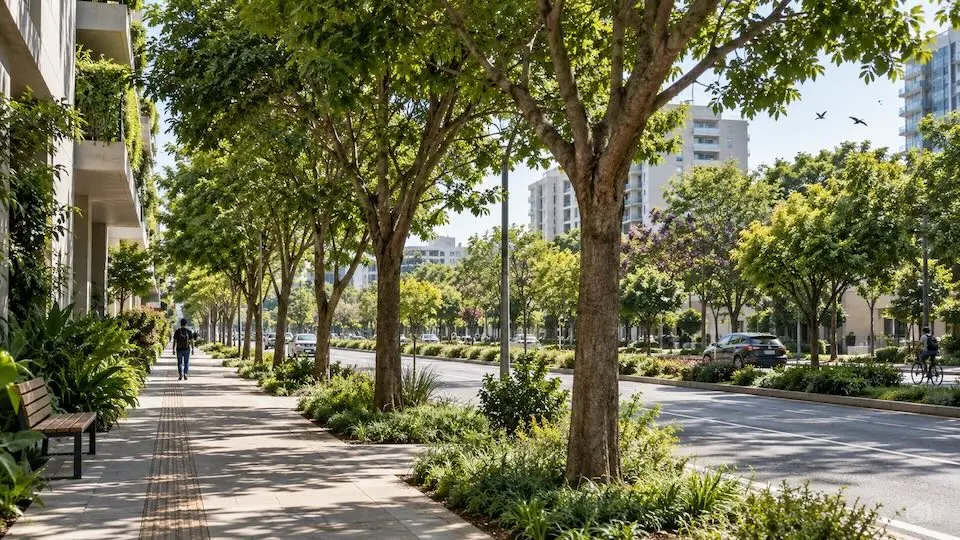 Calçada urbana arborizada com fileira de árvores, bancos, pedestre caminhando, carros na via e prédios ao fundo