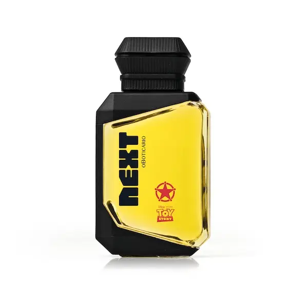 Frasco amarelo e preto da Colônia Next Rodeio do Xerife com o logo NEXT em destaque