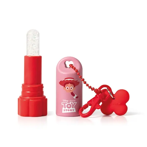 Balm labial Laçada Brilhante da Sophie com tampa rosa e chaveiro acoplado