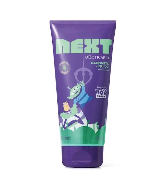 Bisnaga roxa do sabonete líquido Next com ilustração de Buzz Lightyear e um Alien