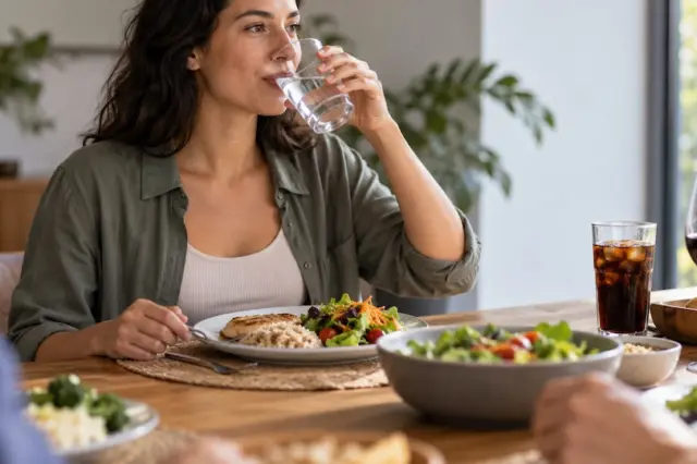 Mulher bebendo água à mesa de refeição, com prato de salada e arroz e copos de refrigerante e vinho ao redor