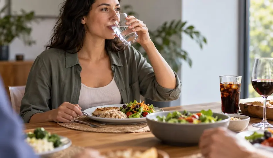 Mulher bebendo água à mesa de refeição, com prato de salada e arroz e copos de refrigerante e vinho ao redor
