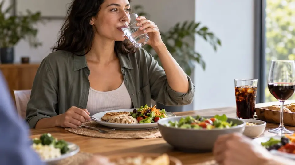 Mulher bebendo água à mesa de refeição, com prato de salada e arroz e copos de refrigerante e vinho ao redor
