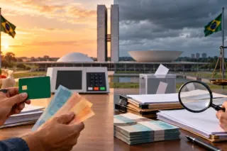 Mãos segurando cartão e notas de real sobre mesa com pilhas de cédulas, urna transparente, máquina de votação, lupa e balança; ao fundo o Congresso Nacional e duas bandeiras do Brasil sob céu alaranjado.