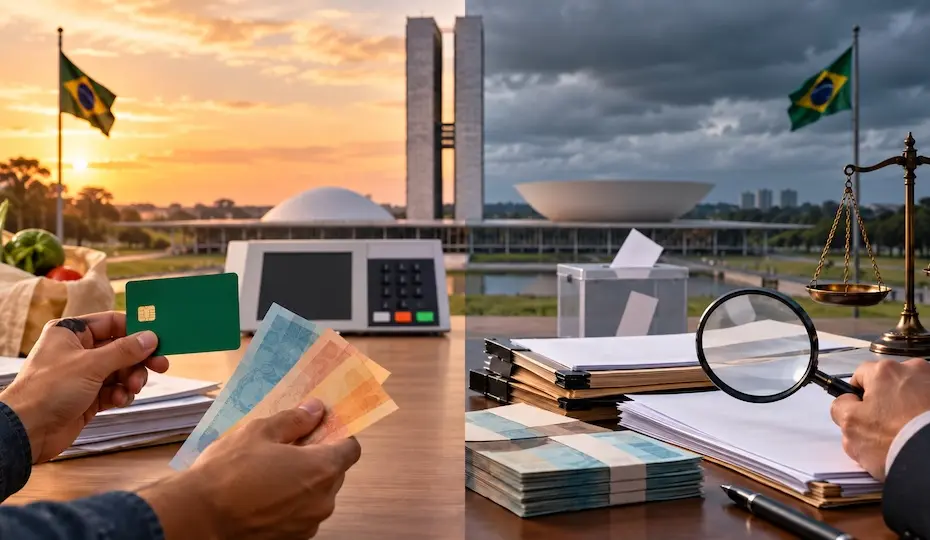 Mãos segurando cartão e notas de real sobre mesa com pilhas de cédulas, urna transparente, máquina de votação, lupa e balança; ao fundo o Congresso Nacional e duas bandeiras do Brasil sob céu alaranjado.