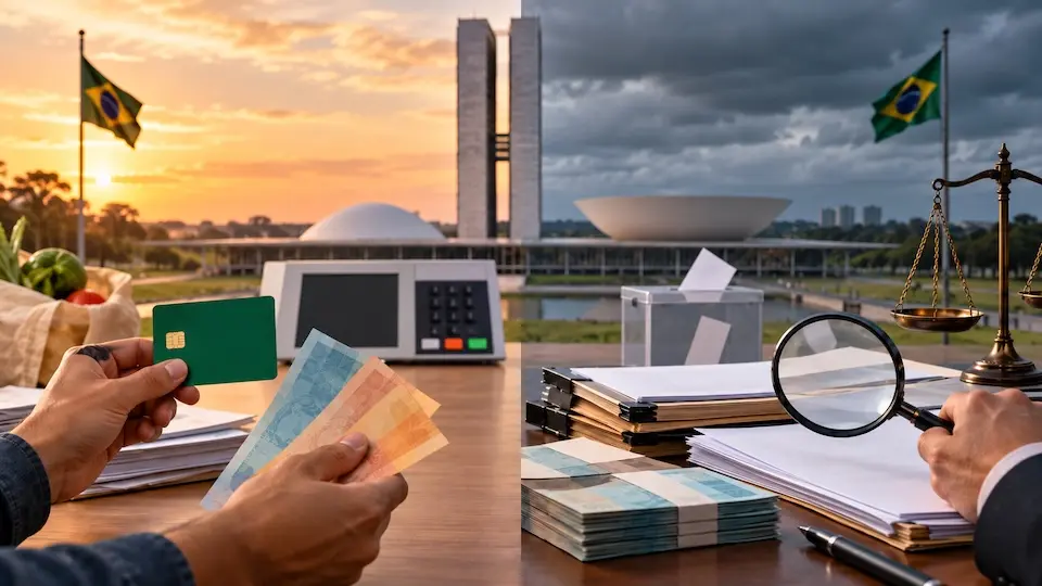 Mãos segurando cartão e notas de real sobre mesa com pilhas de cédulas, urna transparente, máquina de votação, lupa e balança; ao fundo o Congresso Nacional e duas bandeiras do Brasil sob céu alaranjado.