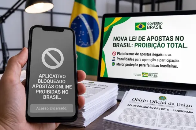 Mão segurando celular com tela que indica 'APLICATIVO BLOQUEADO. APOSTAS ONLINE PROIBIDAS NO BRASIL. Acesso Encerrado.' Monitor ao fundo mostra 'NOVA LEI DE APOSTAS NO BRASIL: PROIBIÇÃO TOTAL.' Jornal 'Diário Oficial da União' sobre a mesa; bandeira do Brasil ao fundo.