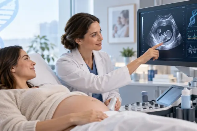 Mulher grávida deitada em maca olhando para monitor de ultrassom enquanto médica aponta para a imagem fetal