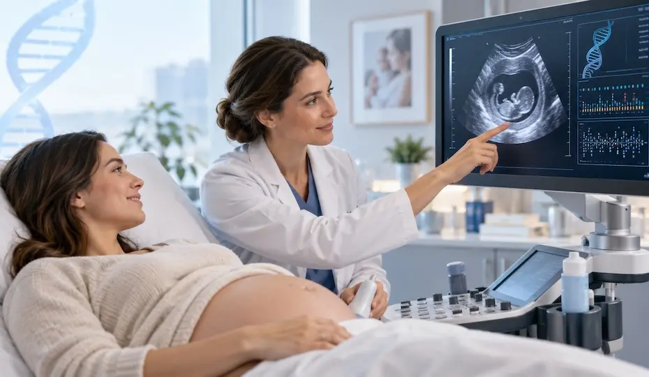 Mulher grávida deitada em maca olhando para monitor de ultrassom enquanto médica aponta para a imagem fetal