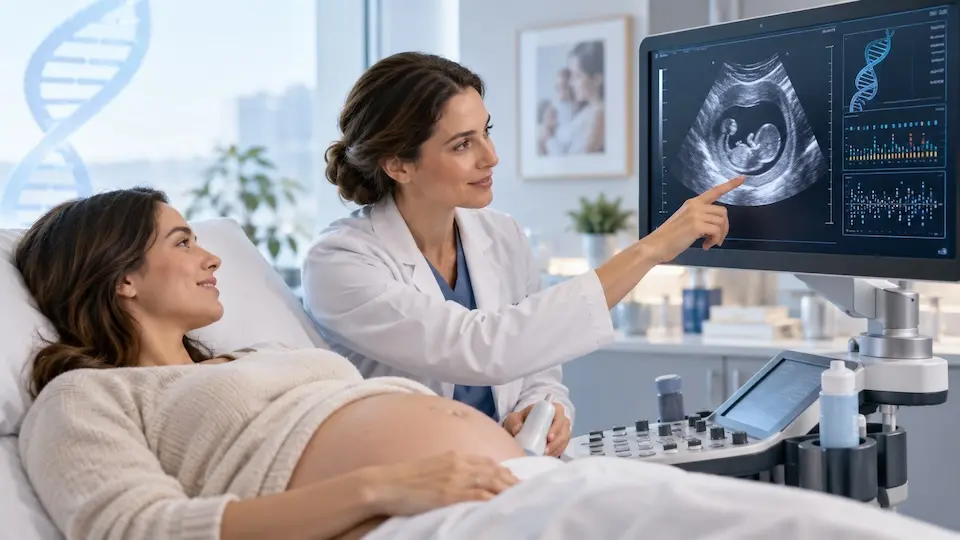 Mulher grávida deitada em maca olhando para monitor de ultrassom enquanto médica aponta para a imagem fetal