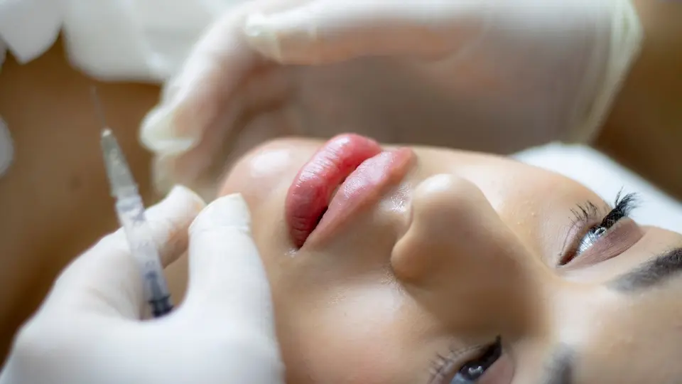 Close-up de rosto de pessoa com os lábios em destaque; mãos com luvas seguram uma seringa próxima ao lábio