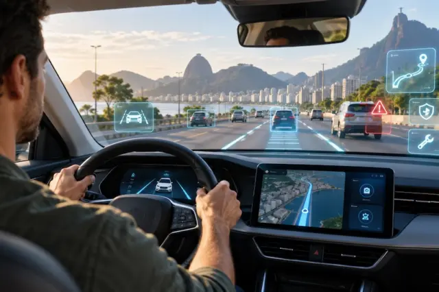 Motorista ao volante com painel e tela de navegação mostrando rota, ícones de assistência projetados no para-brisa e paisagem costeira com montanhas ao fundo.