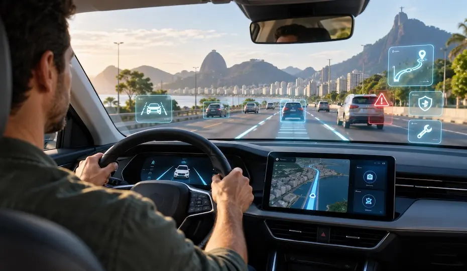 Motorista ao volante com painel e tela de navegação mostrando rota, ícones de assistência projetados no para-brisa e paisagem costeira com montanhas ao fundo.
