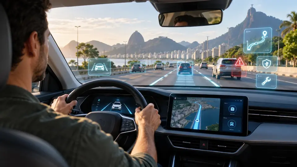 Motorista ao volante com painel e tela de navegação mostrando rota, ícones de assistência projetados no para-brisa e paisagem costeira com montanhas ao fundo.