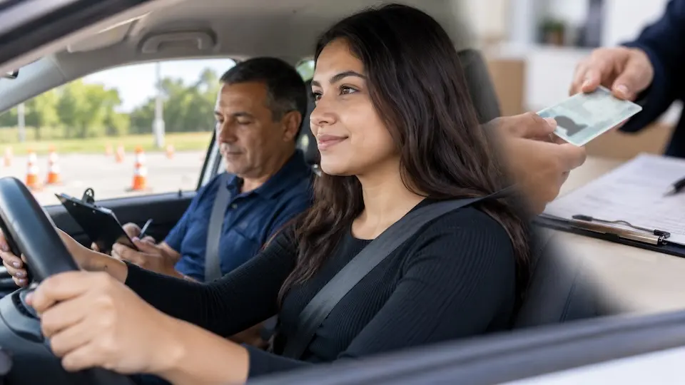 Mulher jovem sentada ao volante usando cinto de segurança, com instrutor ao lado e uma mão segurando um cartão com foto