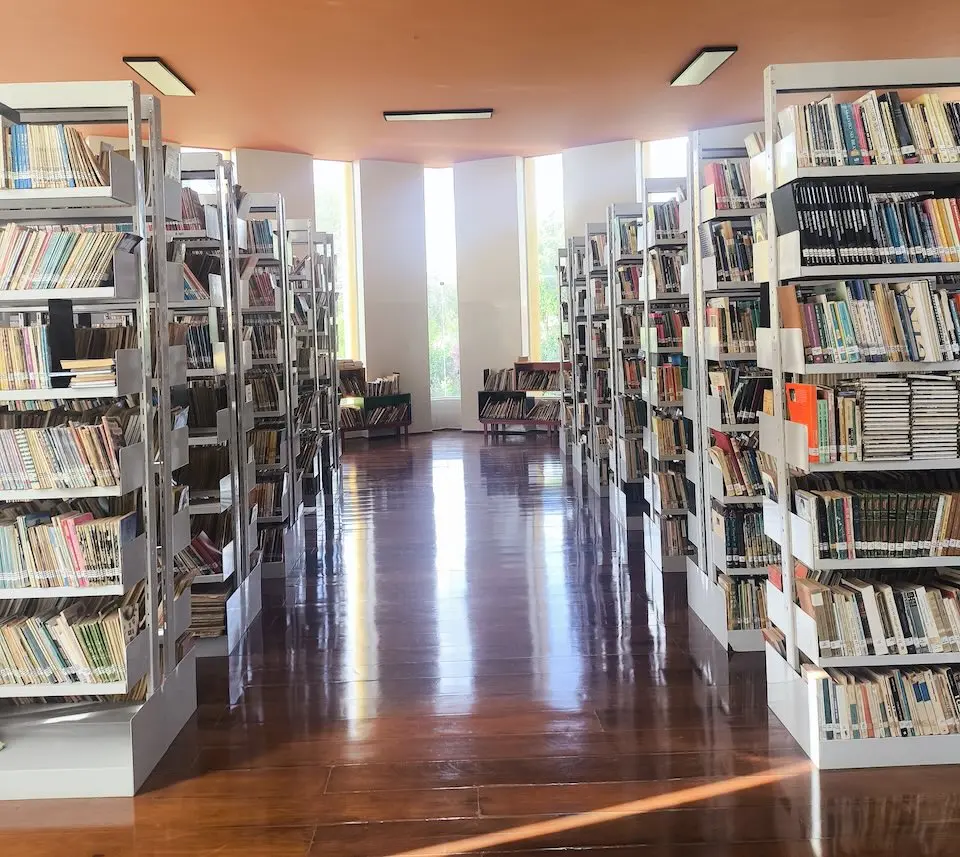 Corredor interno de biblioteca com estantes metálicas alinhadas e prateleiras cheias de livros