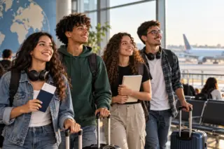 Quatro jovens com malas e mochilas em um terminal de aeroporto, com avião visível pelas janelas e mapa-múndi no fundo