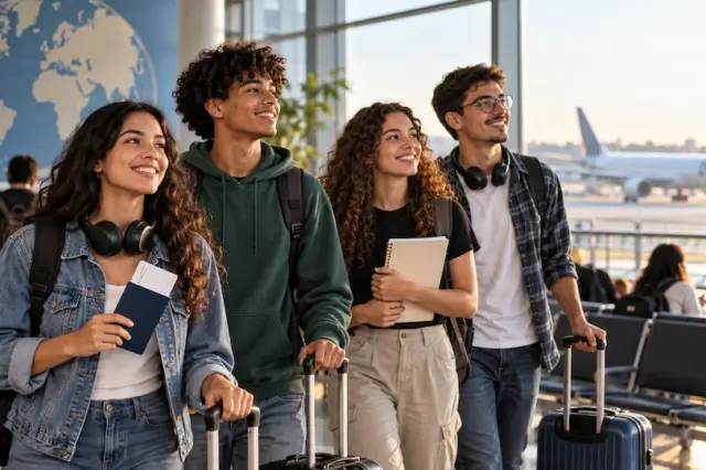 Quatro jovens com malas e mochilas em um terminal de aeroporto, com avião visível pelas janelas e mapa-múndi no fundo