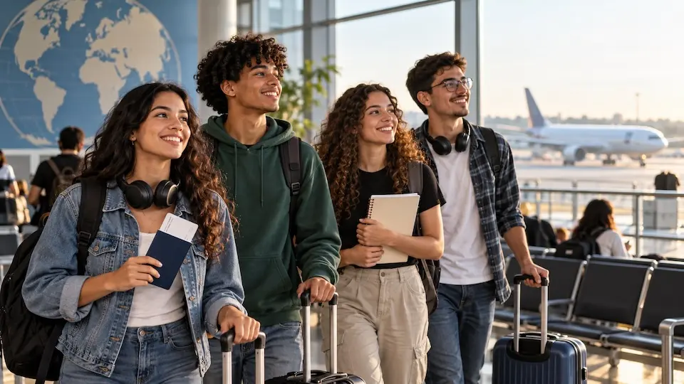 Quatro jovens com malas e mochilas em um terminal de aeroporto, com avião visível pelas janelas e mapa-múndi no fundo