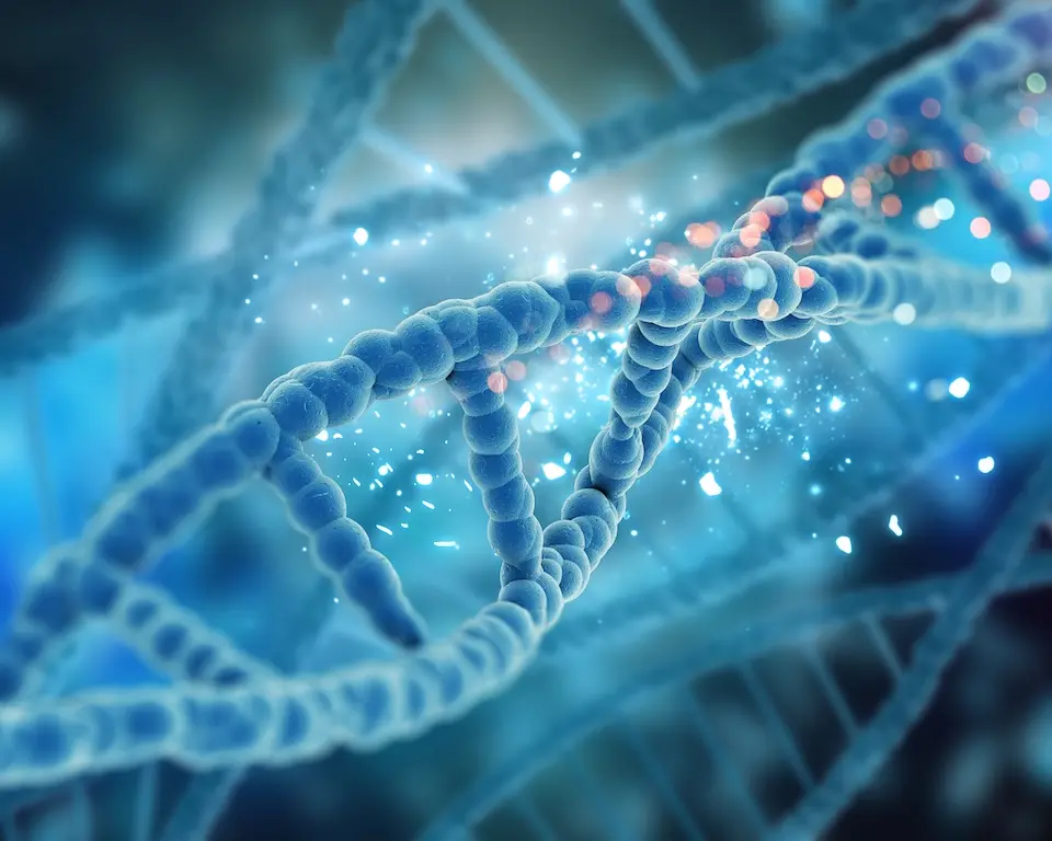 Representação estilizada de hélices de DNA em tons de azul com partículas luminosas ao fundo