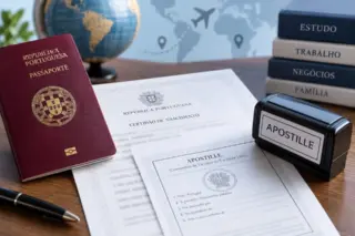 Documentos portugueses com passaporte, certidão e Apostila de Haia sobre uma mesa, simbolizando o processo de apostilamento no estrangeiro.
