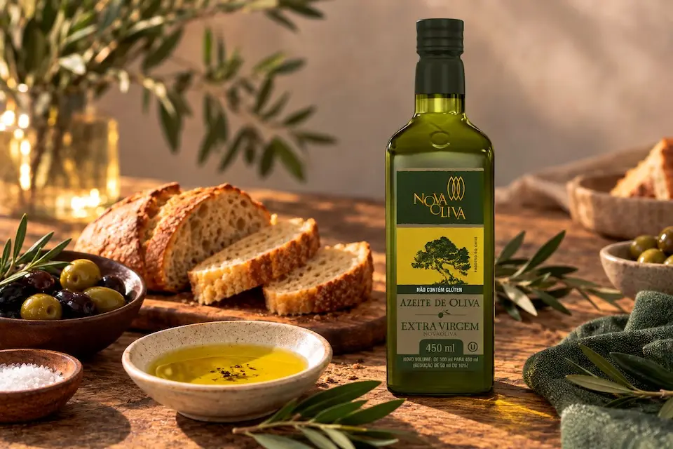 Garrafa de azeite Nova Oliva extravirgem 450 ml sobre mesa rústica, ao lado de tigela com azeite, pão fatiado e azeitonas