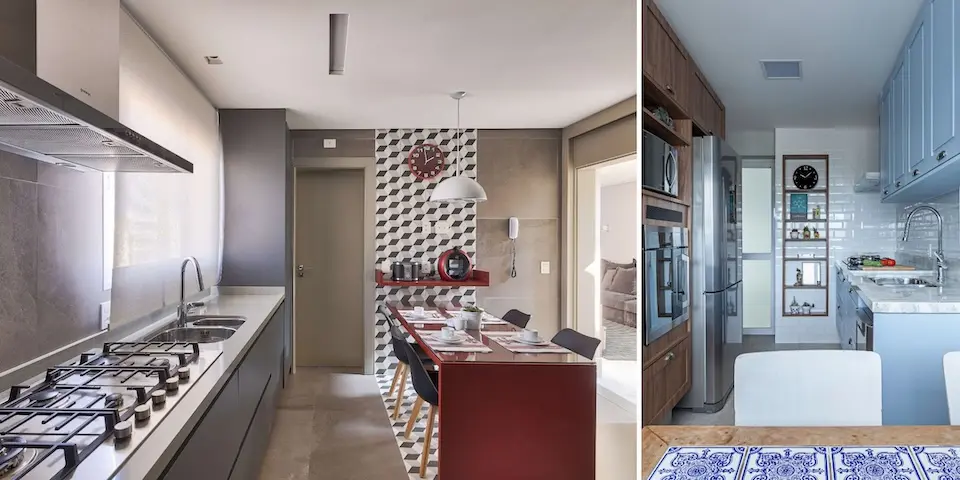 cozinha estreita com bancada cinza, ilha vermelha para refeições e parede com revestimento geométrico