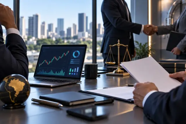 Mesa de escritório com notebook exibindo gráficos financeiros, globo decorativo, balança da justiça e pessoas de terno apertando as mãos ao fundo